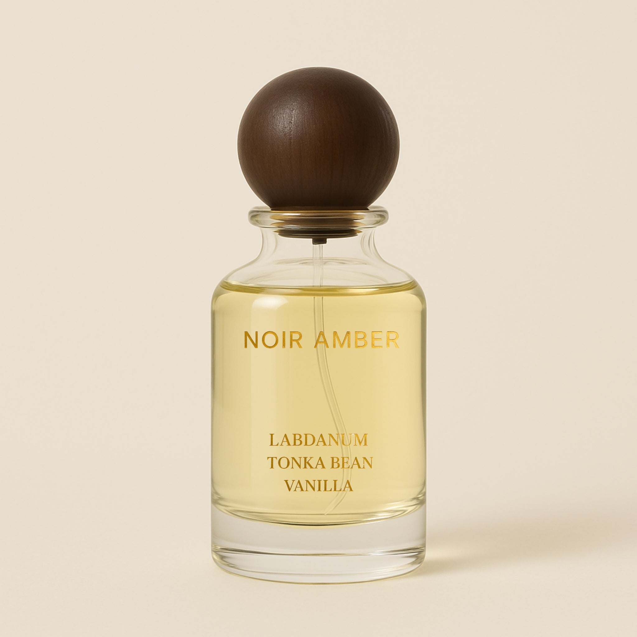Noir Amber 50ml perfume – sleek mid-size bottle capturing deep amber and resinous warmth