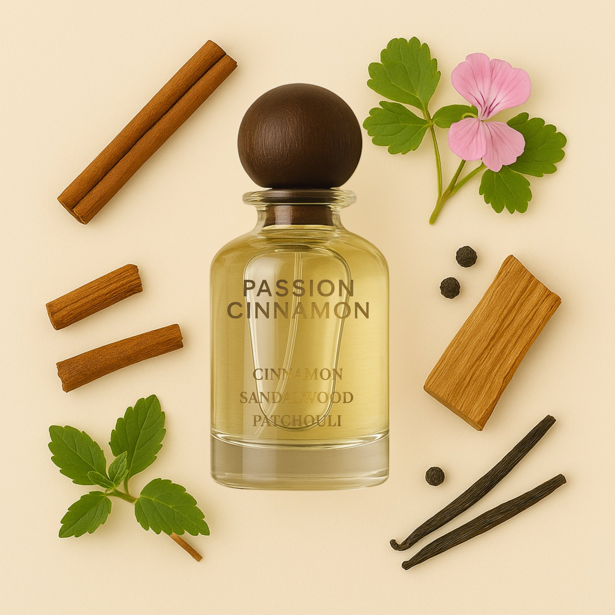  Passion Cinnamon 100ml perfume – full-size bottle featuring a bold fusion of cinnamon spice and creamy sandalwood, inspired by Sandal Ruby